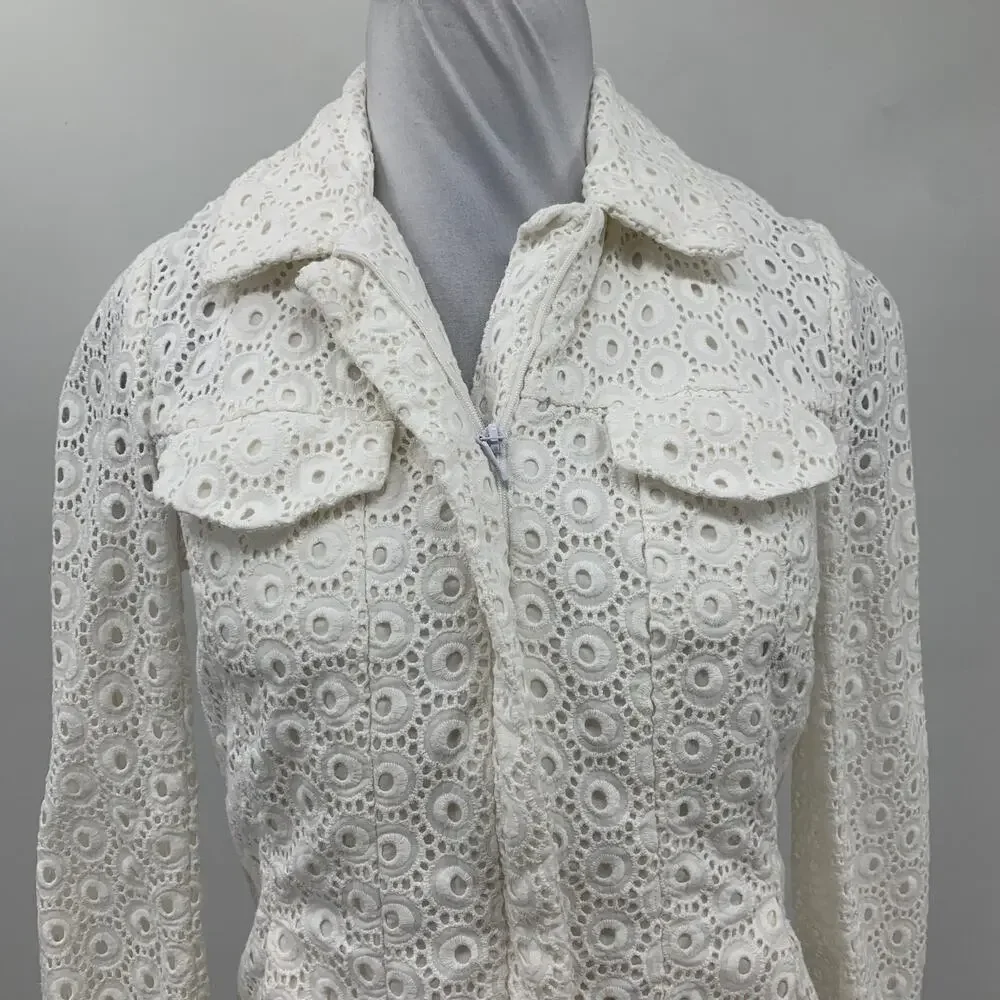 Anne Fontaine Jacket Womens 36 White Ugoline Casual Eyelet Overlay Full Zip Crop